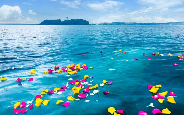江ノ島と献花（鎌倉沖）